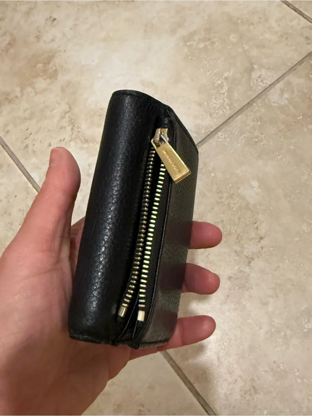 Michael Kors Black Pebbled Leather Compact Card Holder with Gold Logo